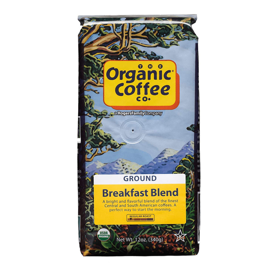 The Organic Coffee Co. Breakfast Blend ground coffee in 12 oz bag, ready for everyday mornings.
