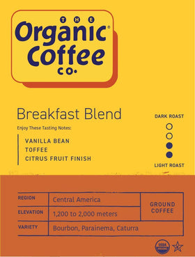 The Organic Coffee Co. Breakfast Blend aroma rising from a steaming cup.