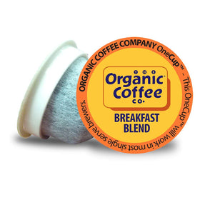 The Organic Coffee Co. compostable pods display Breakfast Blend for easy morning routine.