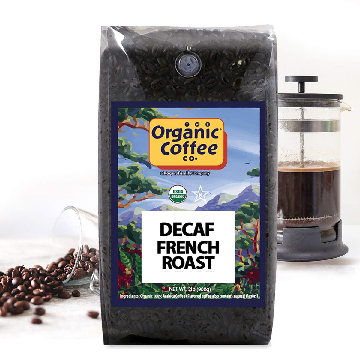 The Organic Coffee Co. DECAF French Roast brewed cup with smooth aroma