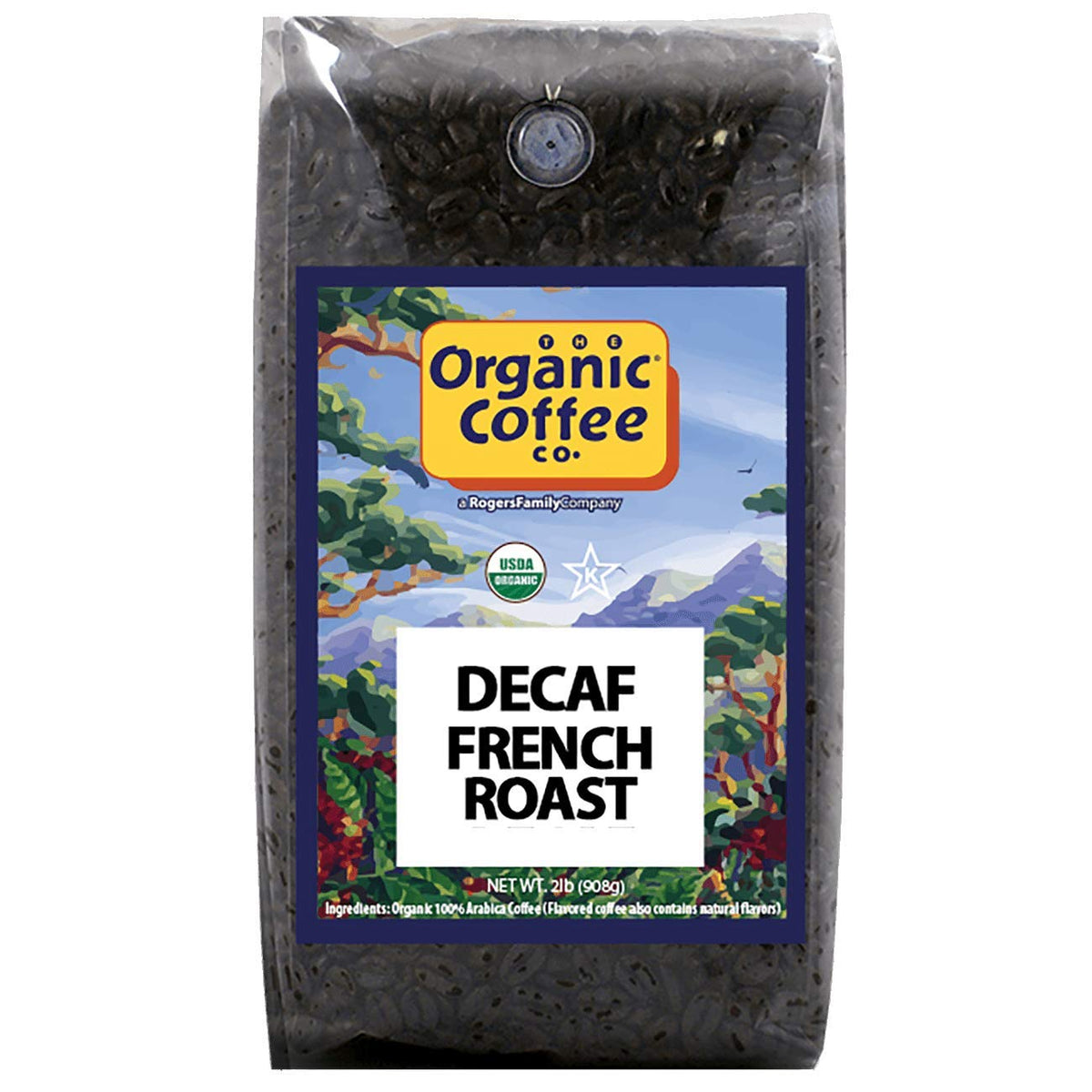 The Organic Coffee Co. DECAF French Roast packaging front highlighting organic decaf