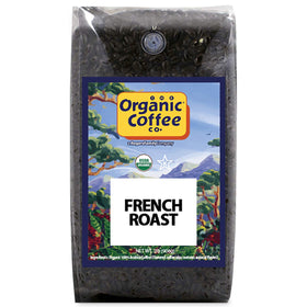 THE ORGANIC COFFEE CO. French Roast whole bean packaging highlights sustainable sourcing for responsible coffee.