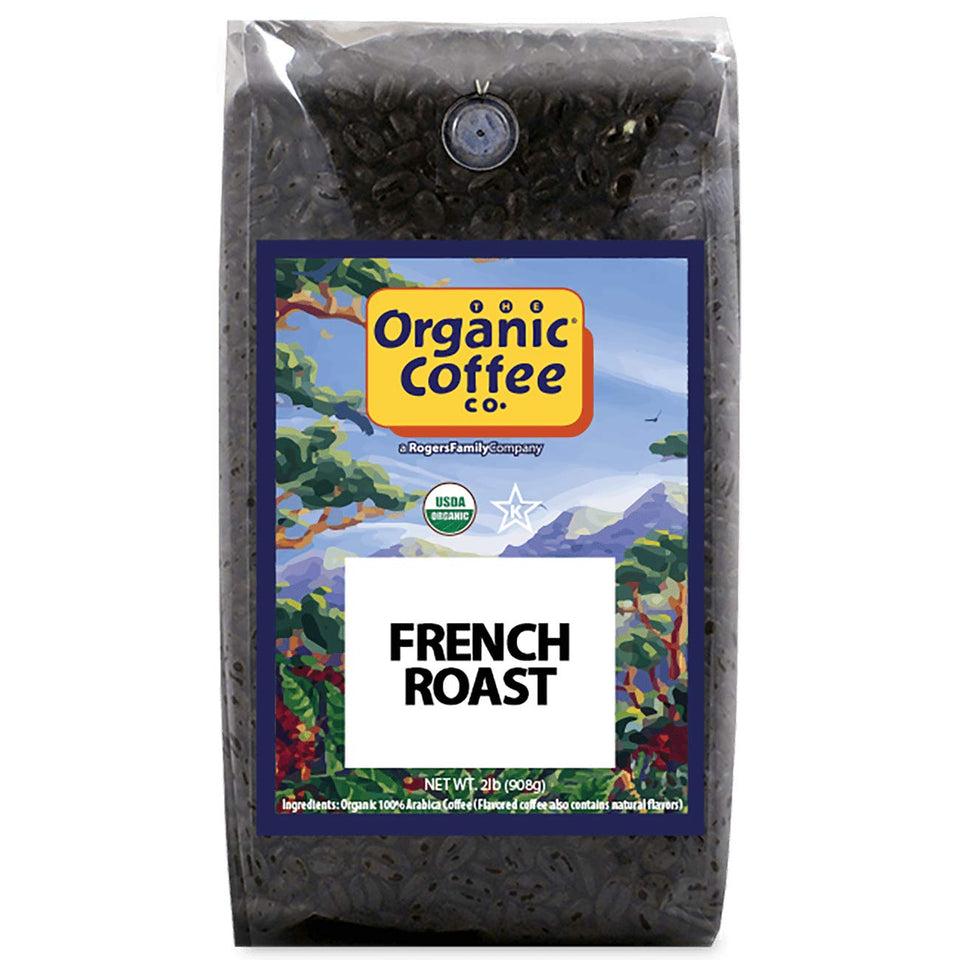 THE ORGANIC COFFEE CO. French Roast whole bean packaging highlights sustainable sourcing for responsible coffee.