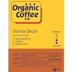 The Organic Coffee Co. Gorilla Decaf brewing setup with grinder and kettle.