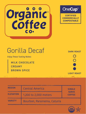 Gorilla Decaf OneCup pod being brewed for a smooth, flavorful cup.