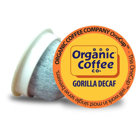 The Organic Coffee Co Gorilla Decaf pods on packshot with compostable packaging.