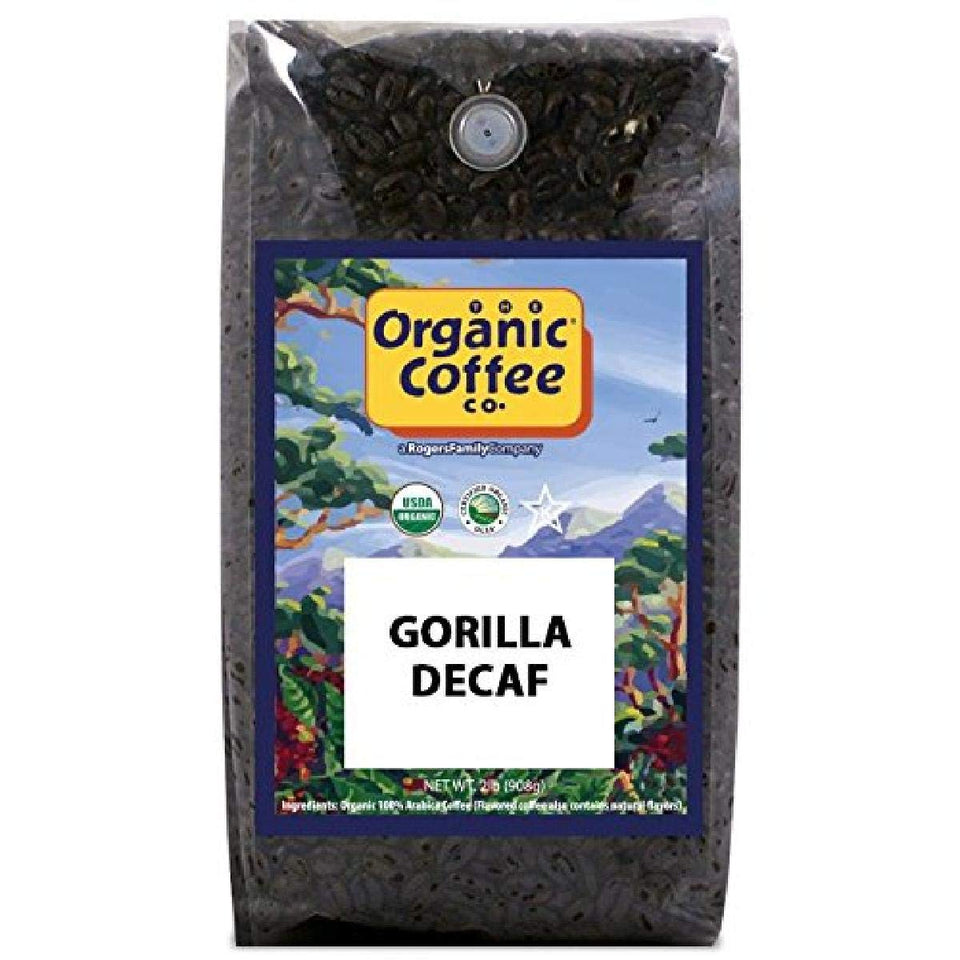 The Organic Coffee Co. Gorilla Decaf whole bean 2lb bag ready for grinding and brewing.