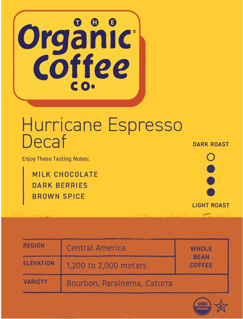 The Organic Coffee Co. Hurricane Decaf Label Closeup shows USDA Organic decaf and bold flavor.