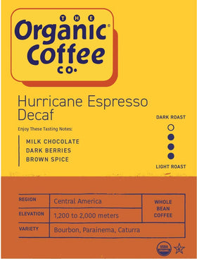 The Organic Coffee Co. Hurricane Decaf Label Closeup shows USDA Organic decaf and bold flavor.