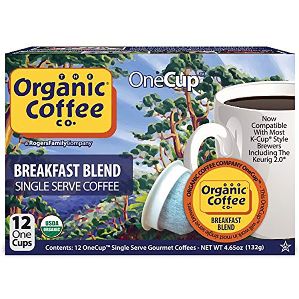 The Organic Coffee Co. OneCup arabica beans emphasize premium, organic quality.