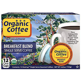 The Organic Coffee Co. OneCup arabica beans emphasize premium, organic quality.