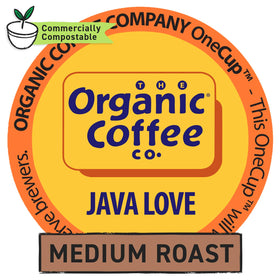 The Organic Coffee Co. OneCup pod brewing in a Keurig machine.