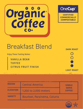 The Organic Coffee Co. OneCup pods fit Keurig 2.0 for quick, consistent brews.