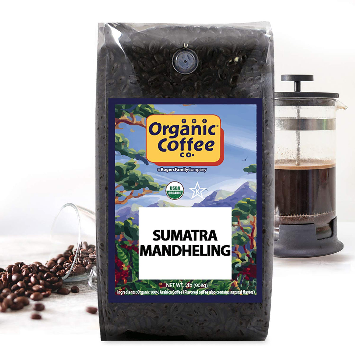 The Organic Coffee Co. Sumatra Mandheling roasted beans ready for grinding or brewing