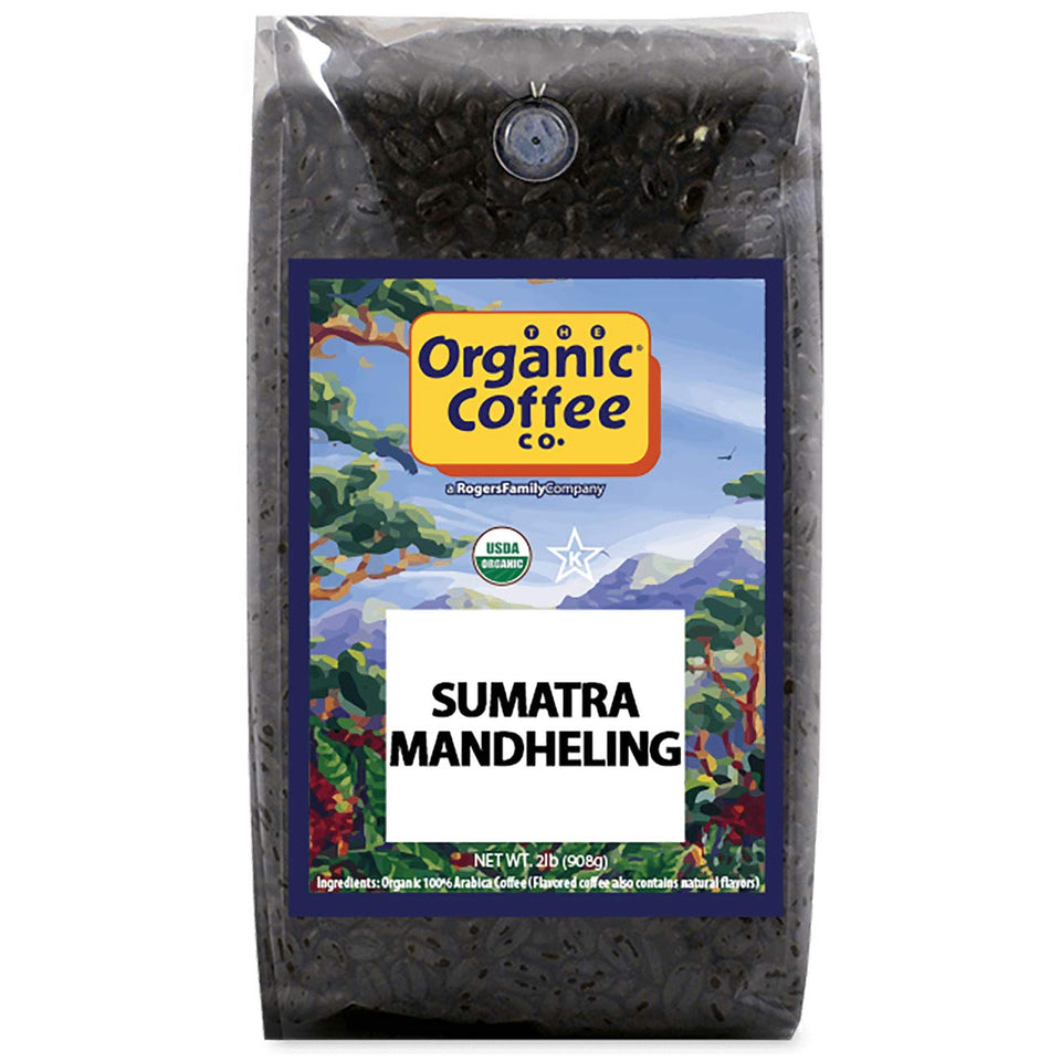 The Organic Coffee Co. Sumatra Mandheling whole bean bag releasing rich aroma for mornings