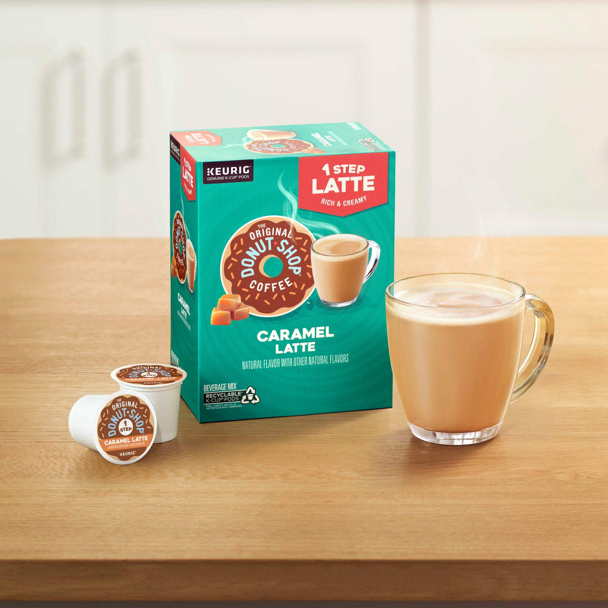 The Original Donut Shop Caramel Latte mug pours with vanilla swirls.