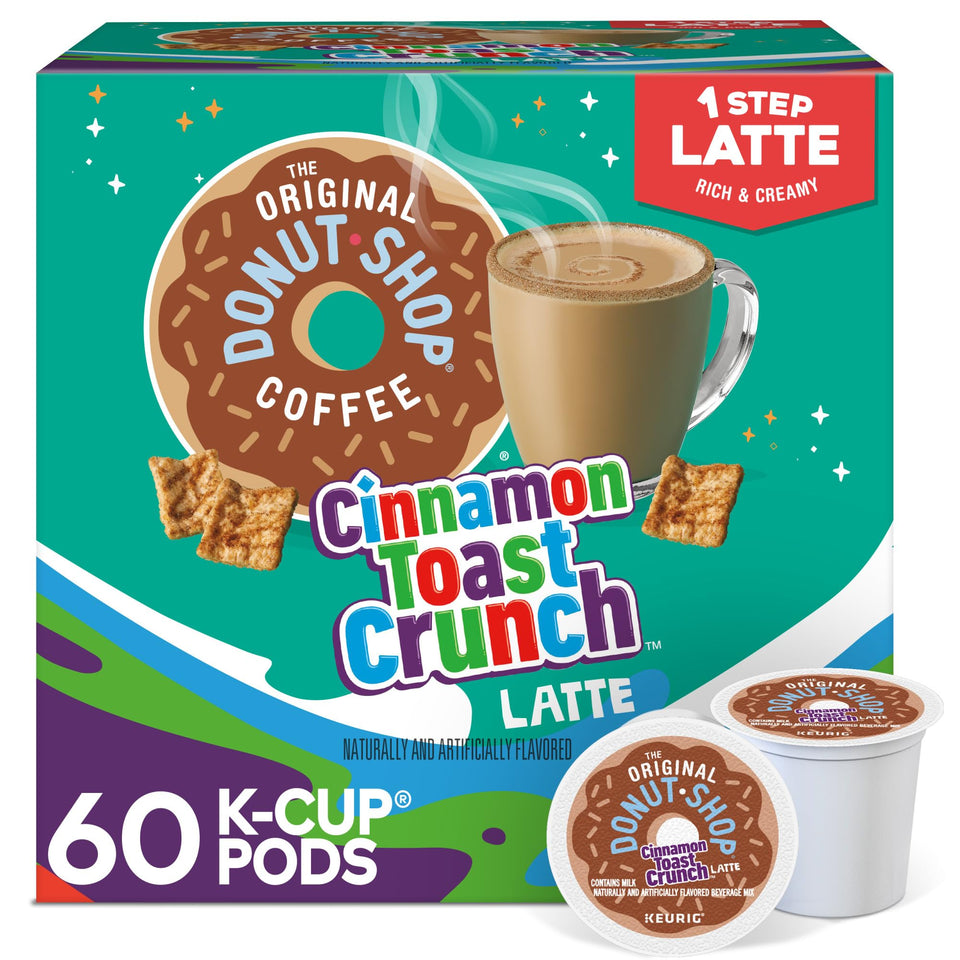 The Original Donut Shop Cinnamon Toast Crunch latte pods in a box for quick mornings.