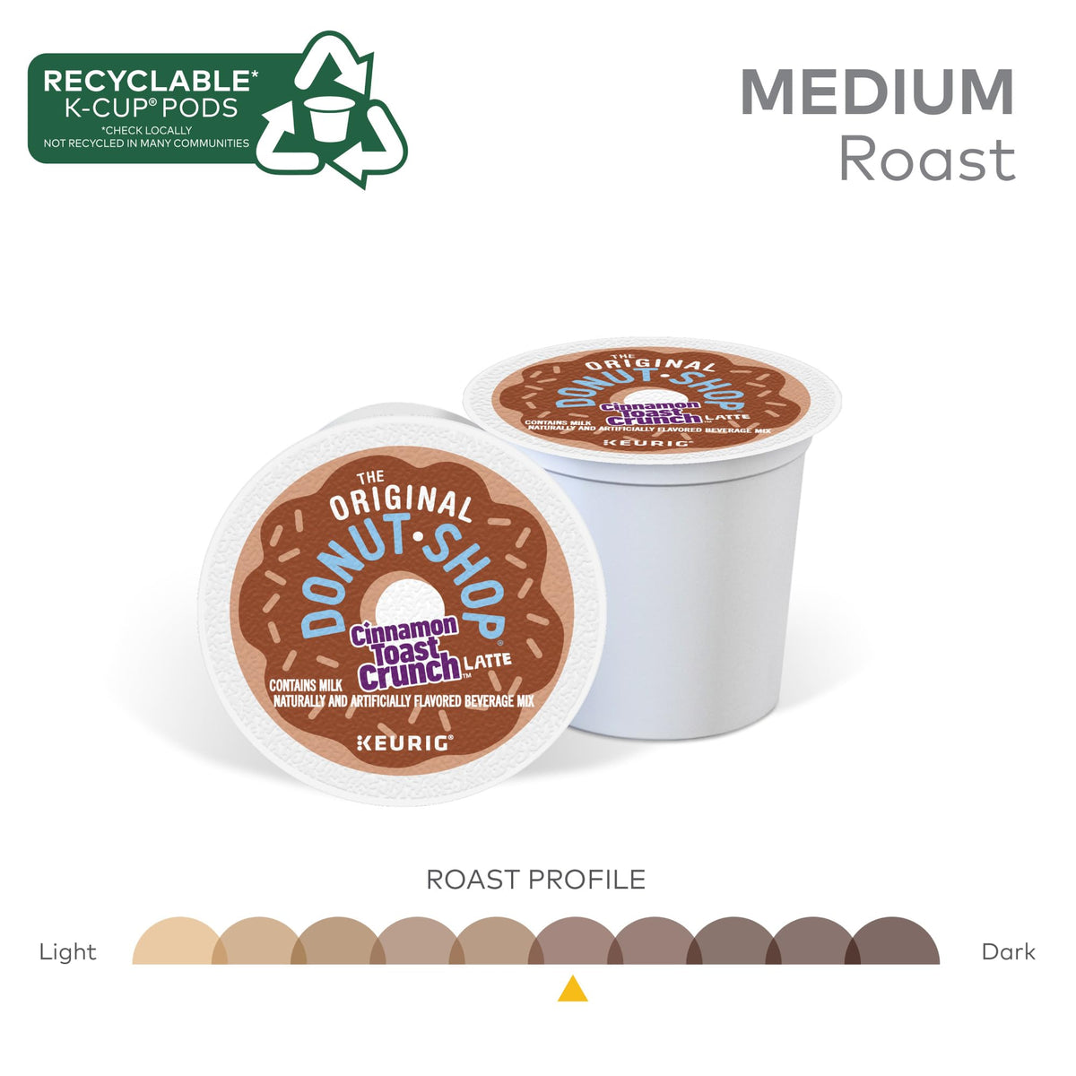 K-Cup brewing scene with The Original Donut Shop Cinnamon Toast Crunch latte.