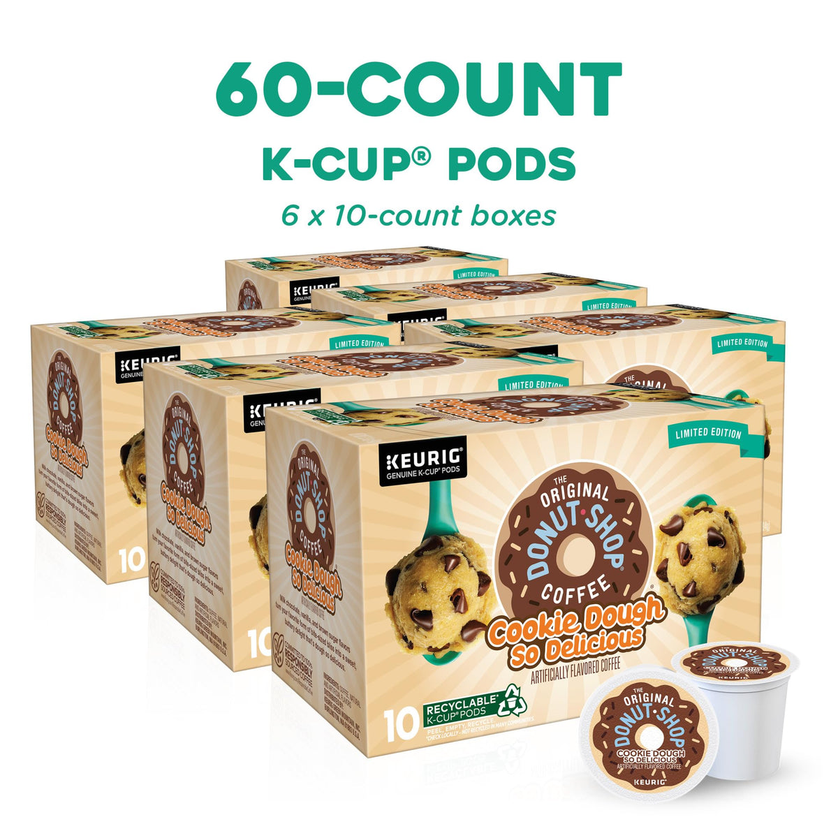 The Original Donut Shop cookie dough pod closeup highlighting label and flavor notes