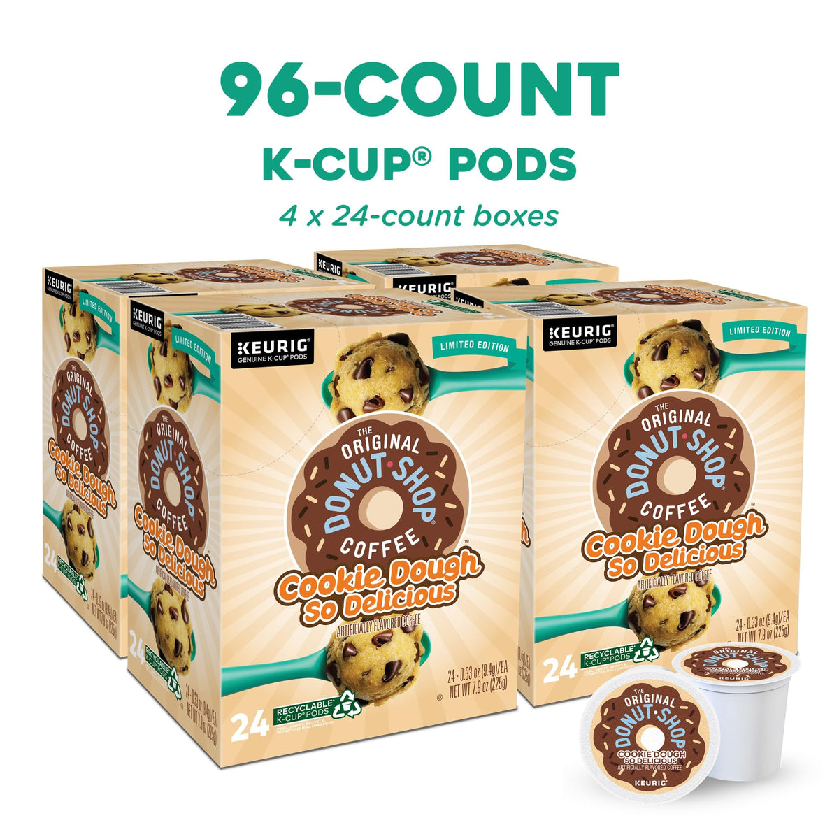 The Original Donut Shop Cookie Dough So Delicious K-Cup pod, brewed cup ready at home.