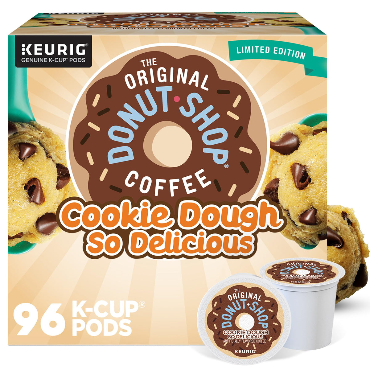 The Original Donut Shop Cookie Dough So Delicious K-Cup pod, front view, quick-morning option.