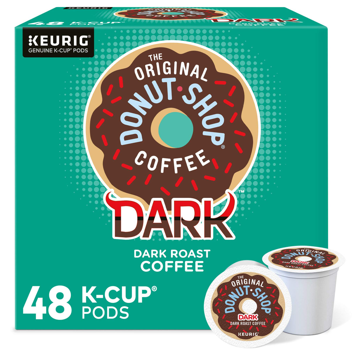 The Original Donut Shop Dark Roast K-Cup pods on a countertop, ready for a quick brew.