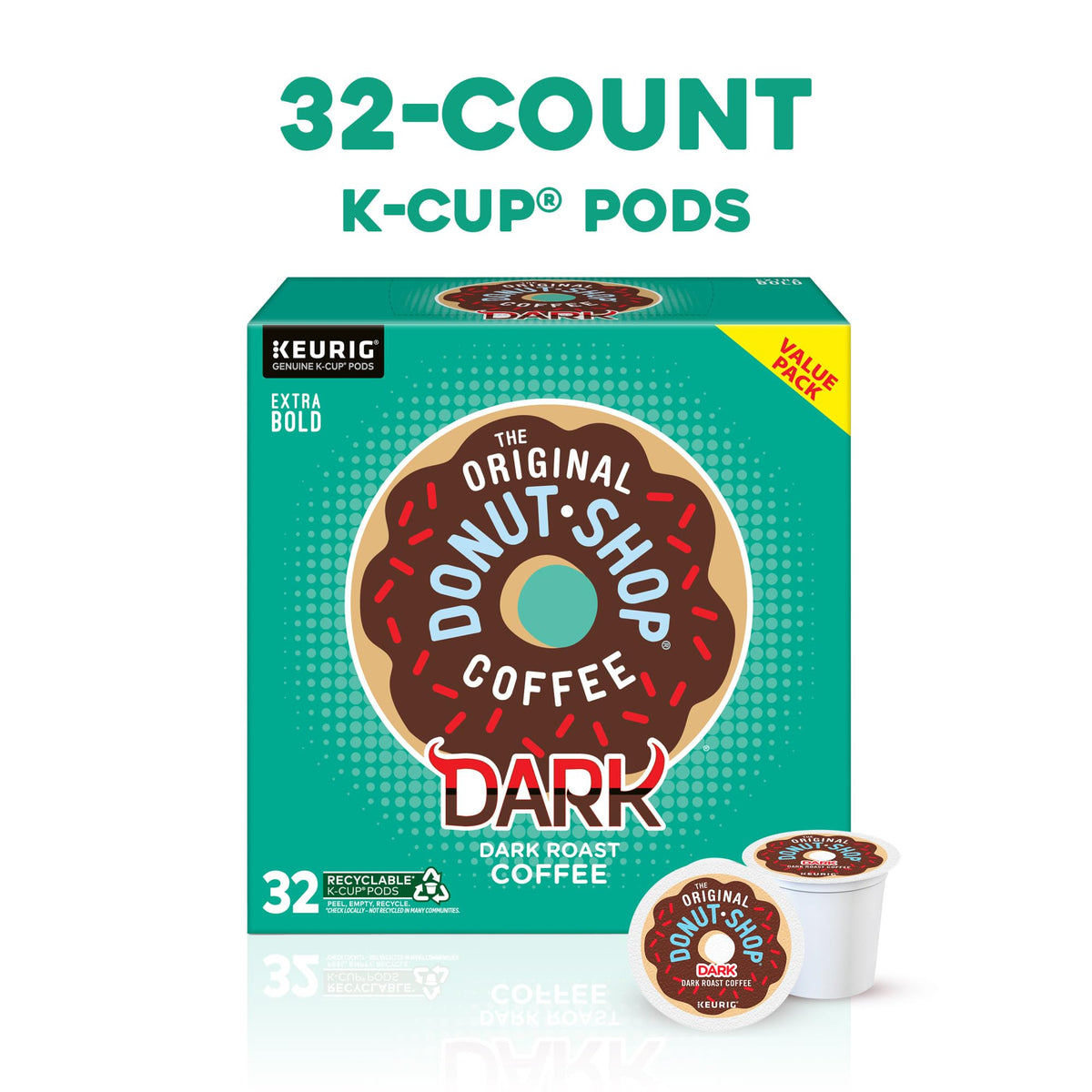 The Original Donut Shop Dark Roast pod close-up, rich aroma ready to brew.