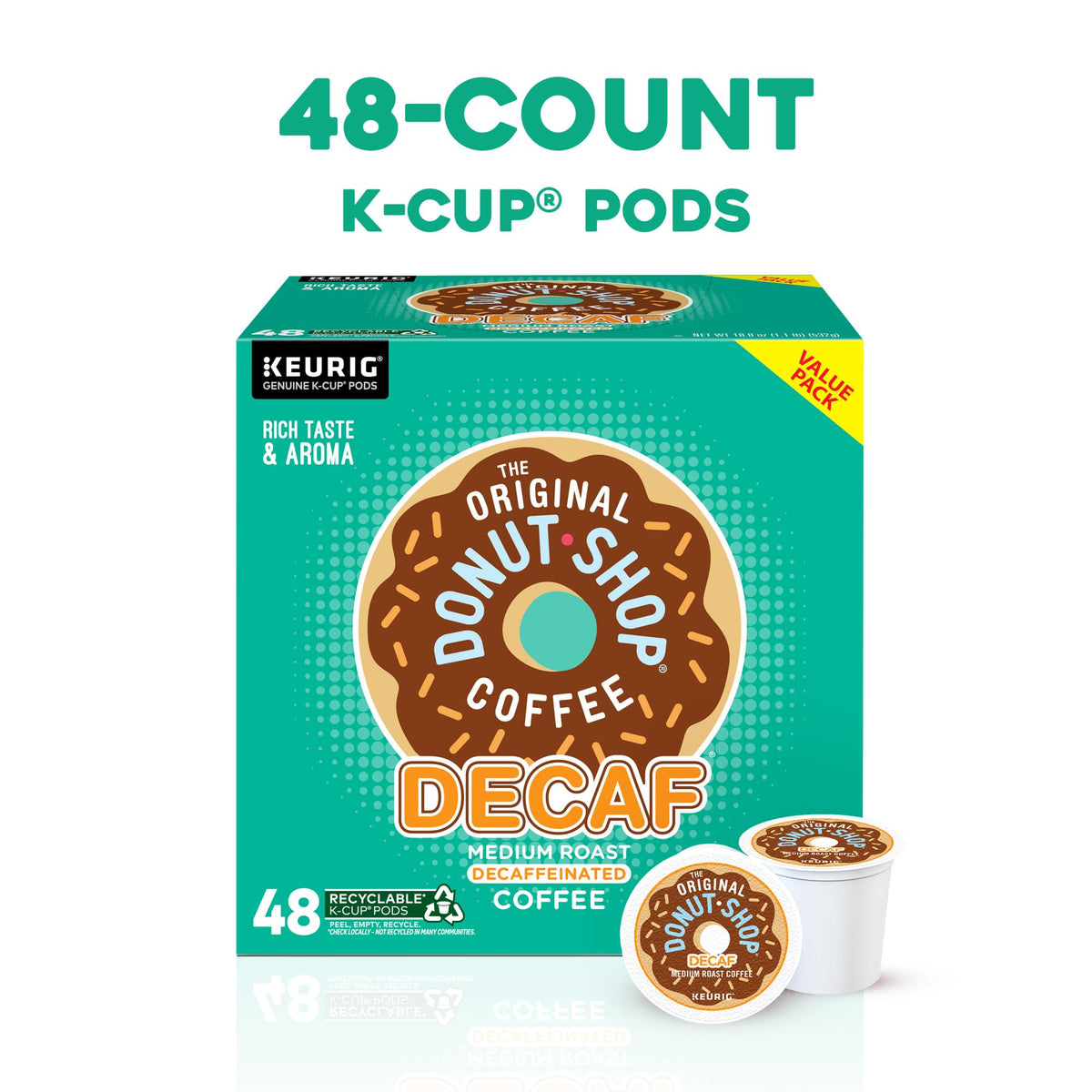 The Original Donut Shop Decaf K-Cup Pods closeup arabica beans, rich flavor potential for mornings.