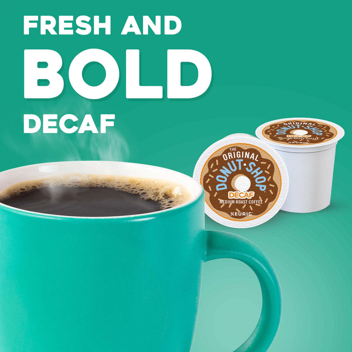 The Original Donut Shop Decaf K-Cup Pods medium roast label, balanced flavor for everyday taste.