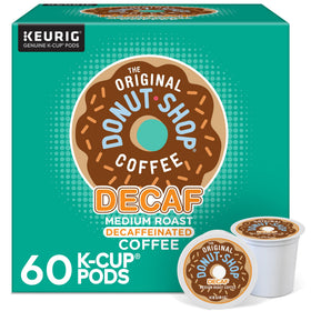 The Original Donut Shop Decaf K-Cups boxed packaging for a smooth morning brew