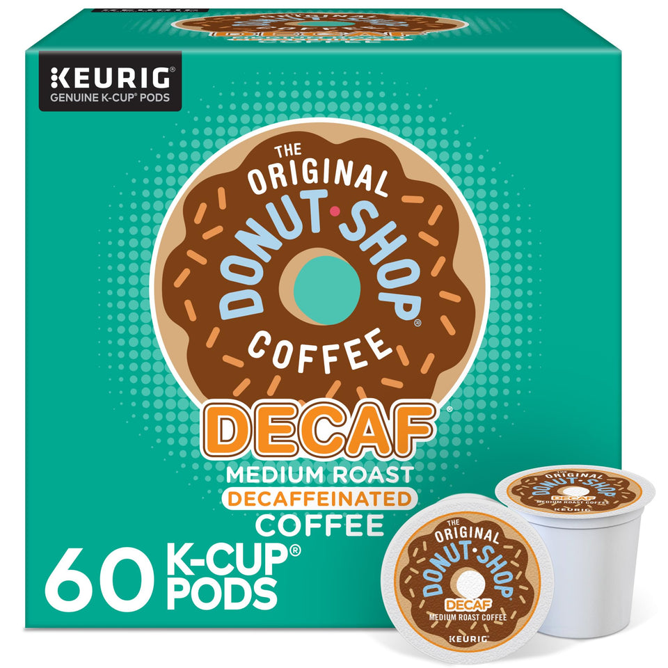 The Original Donut Shop Decaf K-Cups boxed packaging for a smooth morning brew
