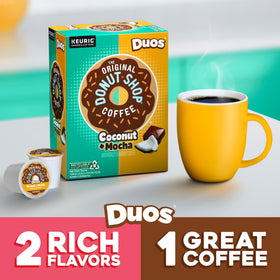 Close-up of The Original Donut Shop Duos Coconut Mocha label highlighting flavor notes