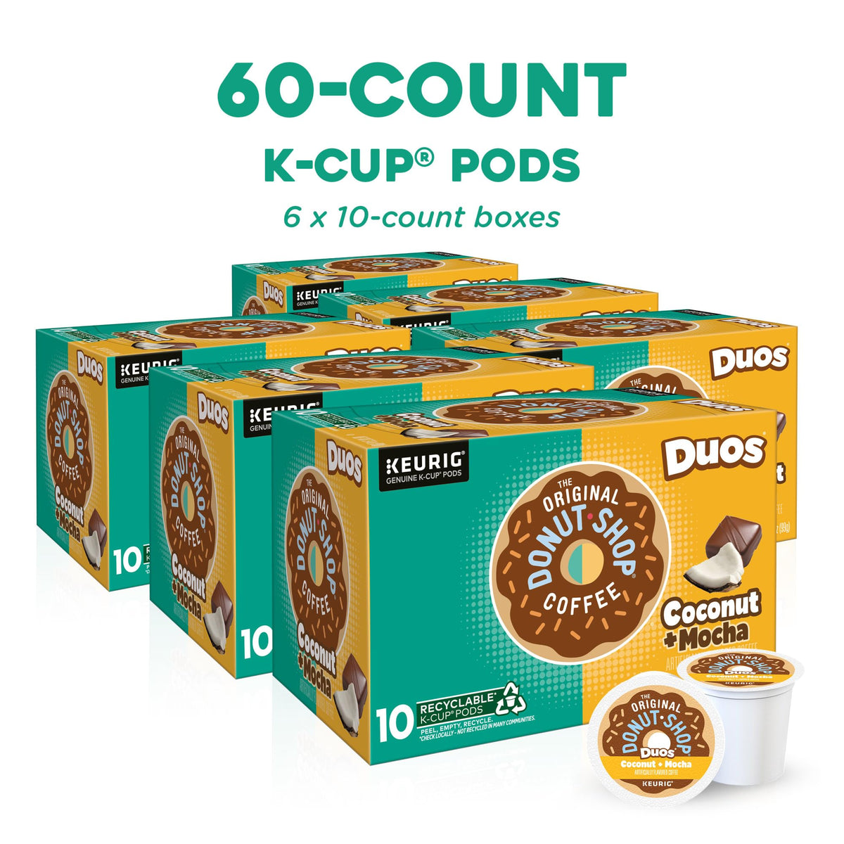 Six-pack The Original Donut Shop Duos coconut mocha pods ready for Keurig