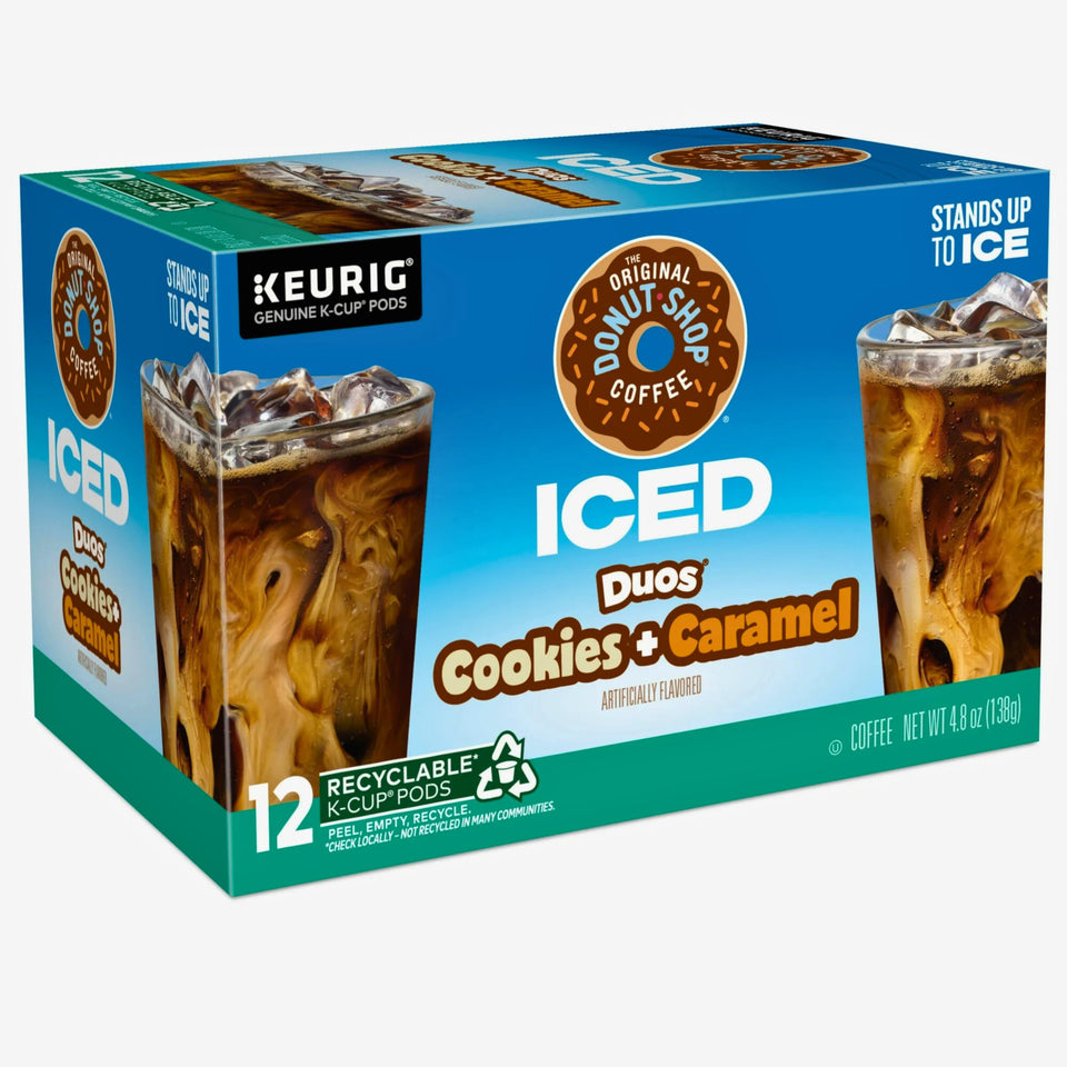 The Original Donut Shop Duos cookies caramel iced coffee pods for refreshing home brews.