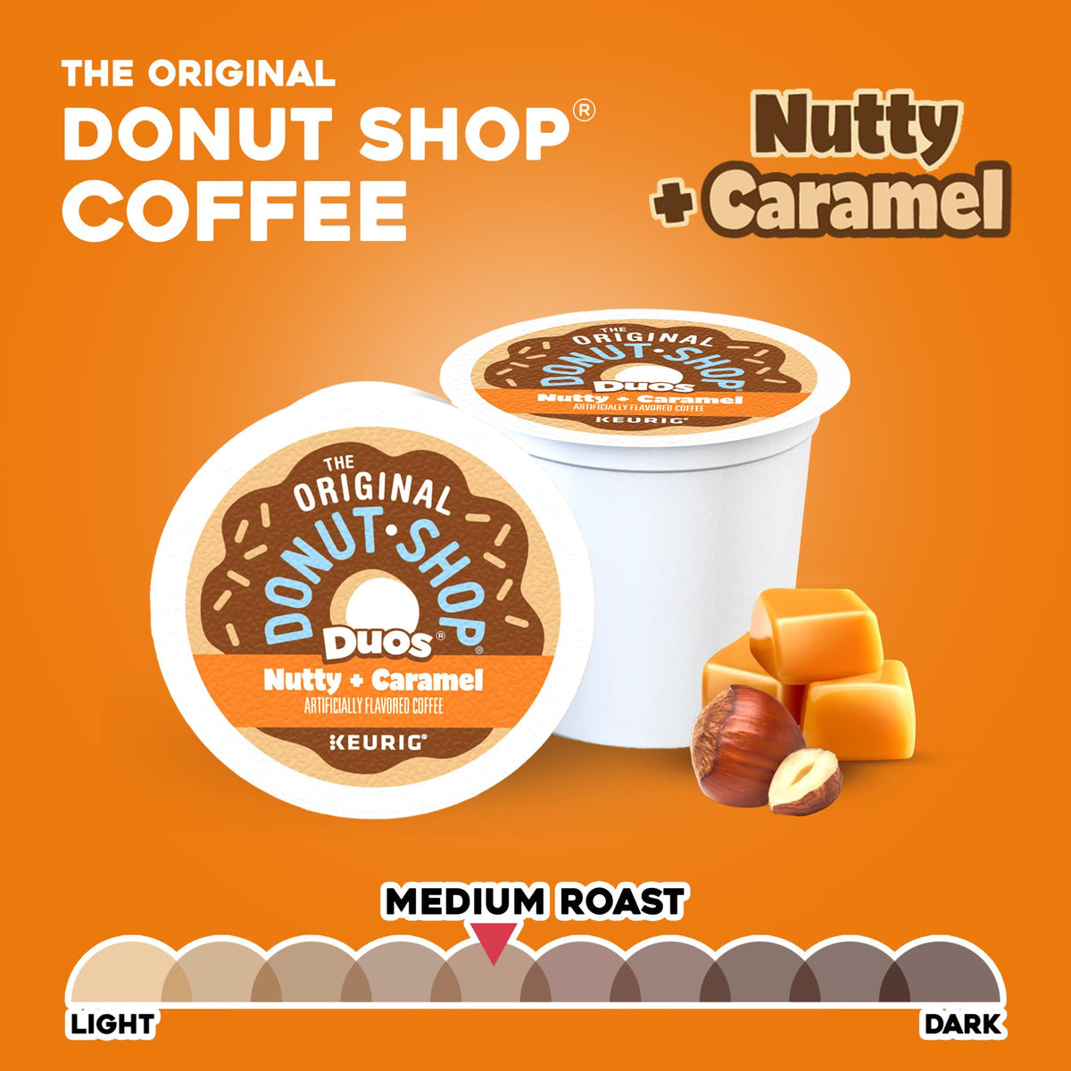 Keurig brewer with The Original Donut Shop Duos Nutty and Caramel pods ready to brew.