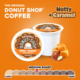 Keurig brewer with The Original Donut Shop Duos Nutty and Caramel pods ready to brew.