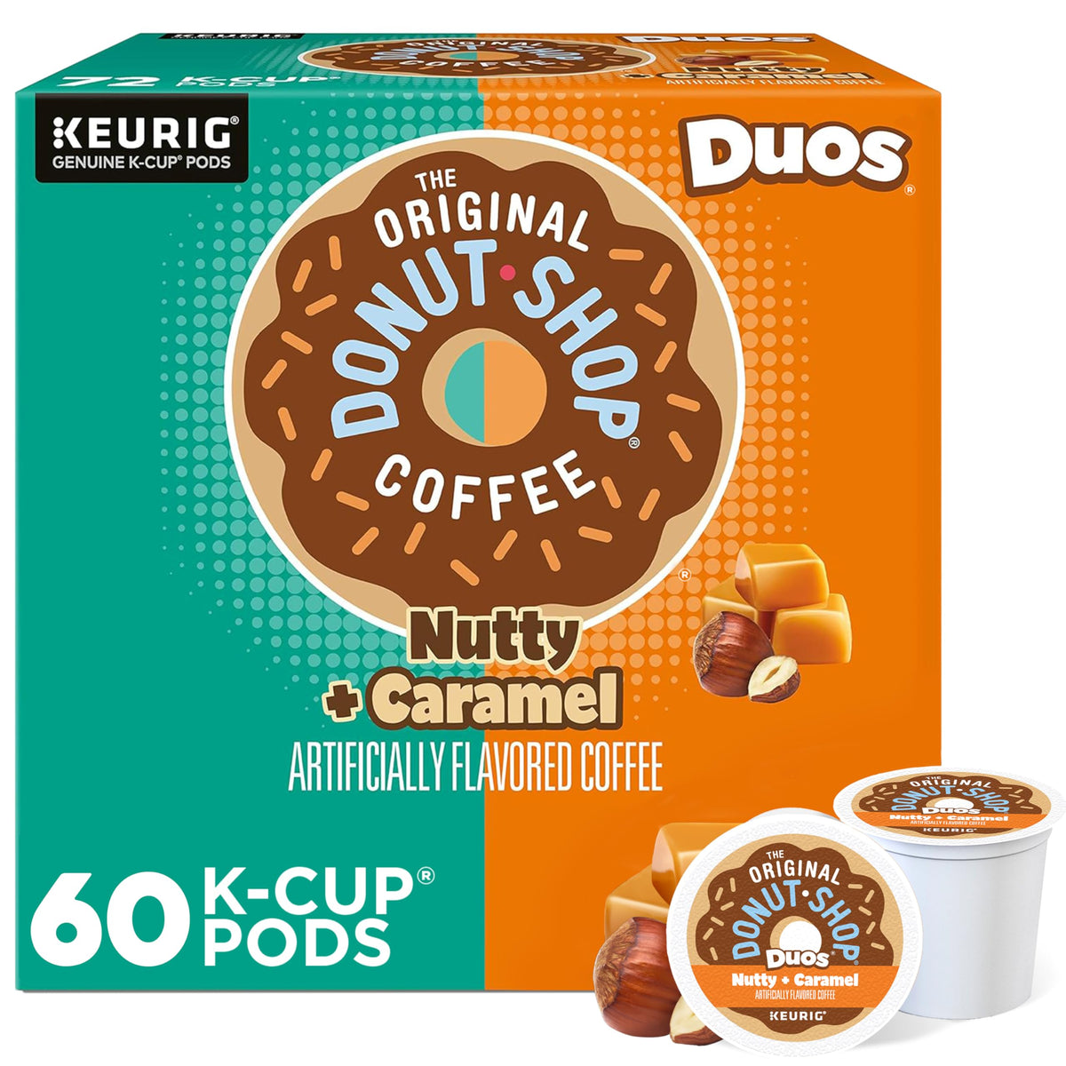 The Original Donut Shop Duos Nutty and Caramel coffee pods on the shelf, ideal for quick mornings.