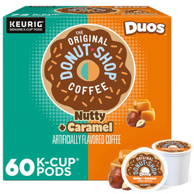 The Original Donut Shop Duos Nutty and Caramel coffee pods on the shelf, ideal for quick mornings.