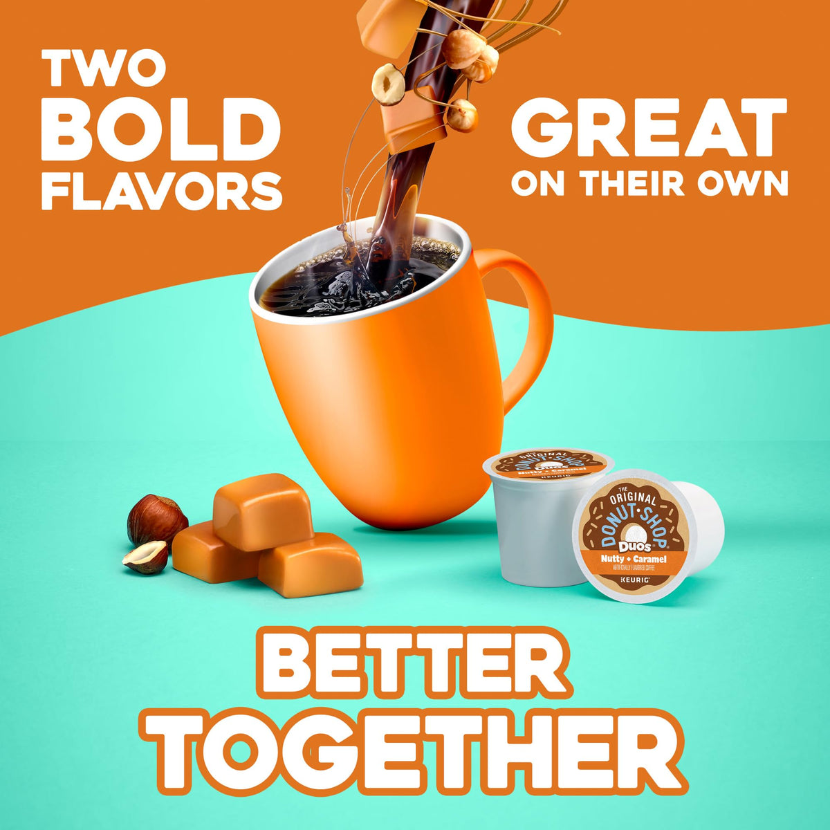 Close-up of The Original Donut Shop Duos recyclable K-Cup packaging for Nutty and Caramel.