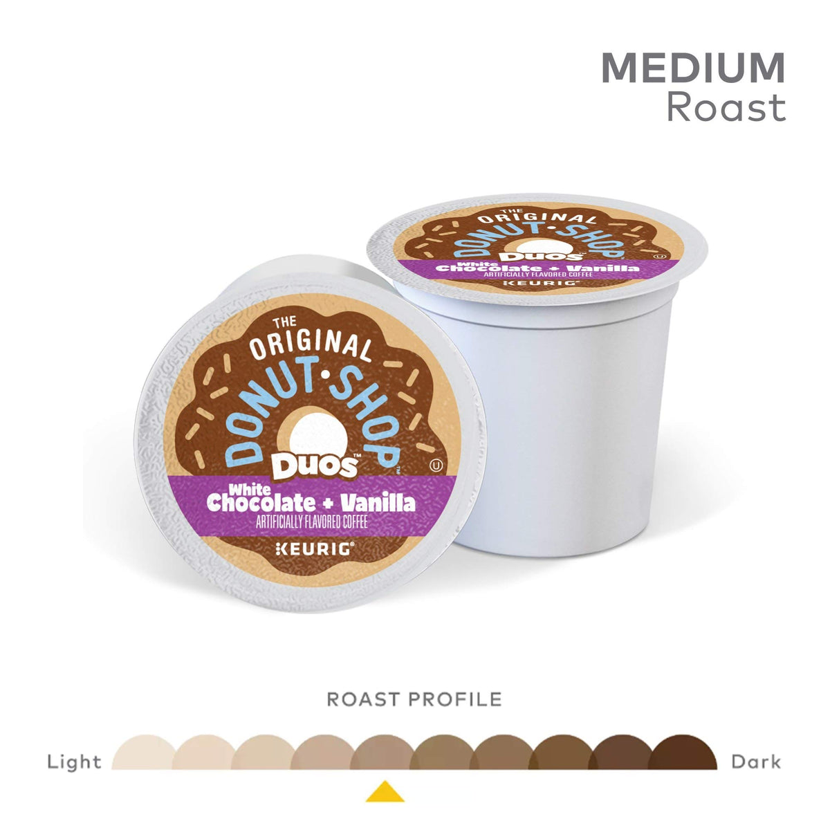 The Original Donut Shop Duos Keurig brewer with pods inserted for guaranteed compatibility.