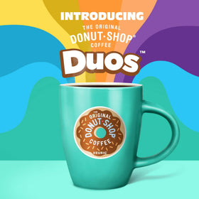 The Original Donut Shop Duos recyclable pods graphic highlighting sustainability.