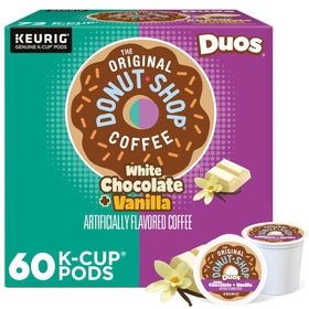 The Original Donut Shop Duos white chocolate vanilla pods box shows two flavors in one package
