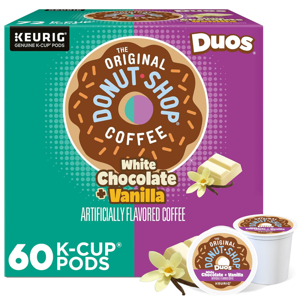 The Original Donut Shop Duos white chocolate vanilla pods box shows two flavors in one package