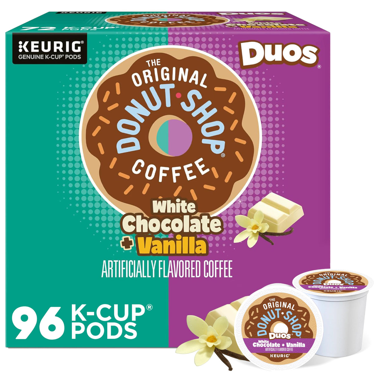 The Original Donut Shop Duos white chocolate vanilla pods on display, balanced flavor in every cup.