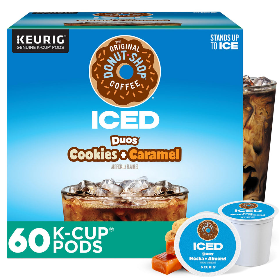 The Original Donut Shop ICED Duos Cookies Caramel pods in a box for easy iced coffee.