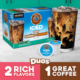 Closeup of The Original Donut Shop ICED Duos Cookies Caramel pods brewing on ice.