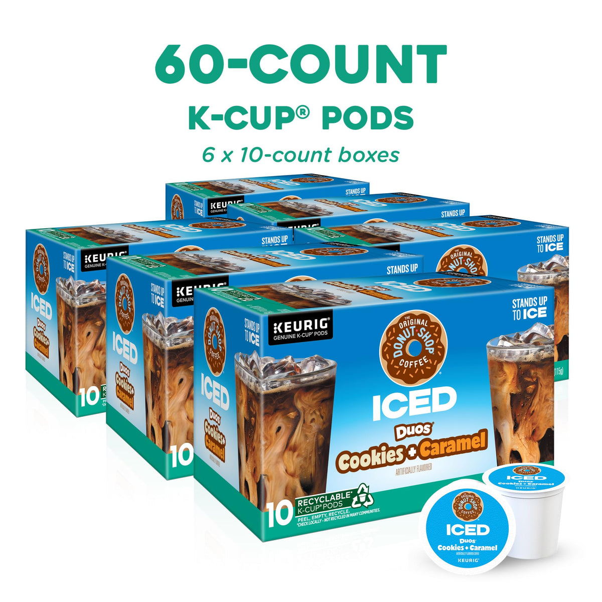 The Original Donut Shop ICED Duos Cookies Caramel pods closeup highlight creamy caramel notes.