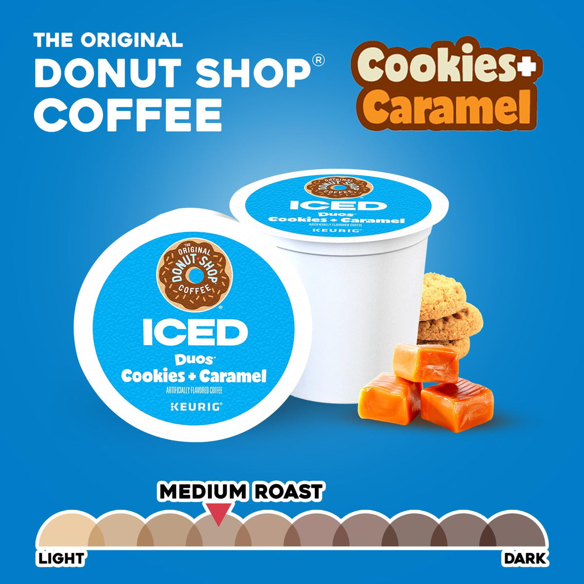 The Original Donut Shop ICED Duos Cookies Caramel pods are Keurig compatible.