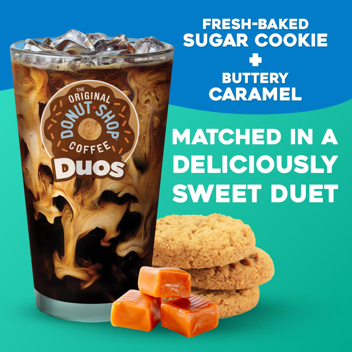 The Original Donut Shop ICED Duos Cookies Caramel pods packaging displays 60-count set.