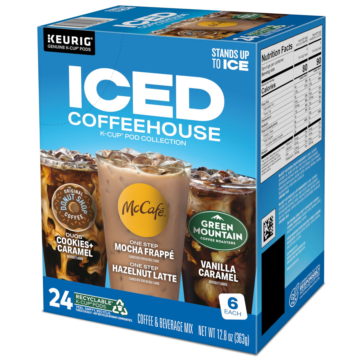 The Original Donut Shop Iced Duos box beside a glass of iced coffee